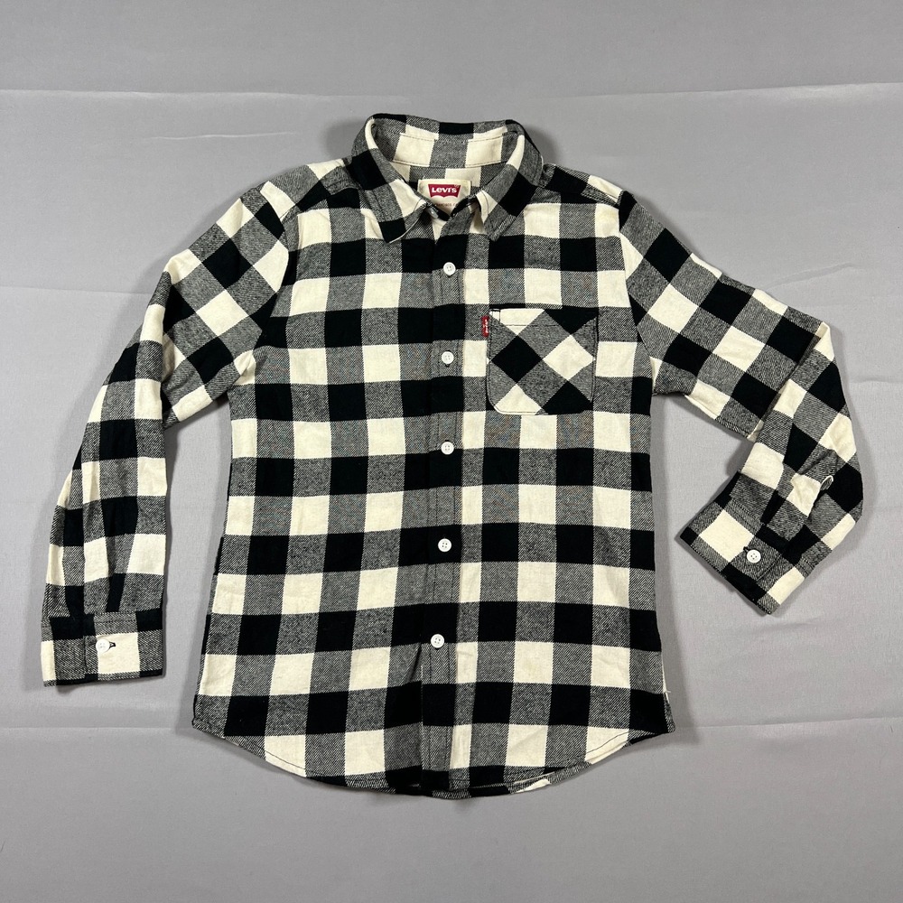 Levi's Flannel Shirt Boys Small 7-8 White Black Buffalo Plaid Cotton Long Sleeve